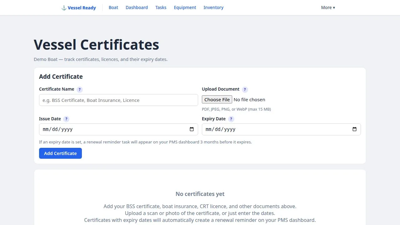 Certificates page tracking expiry dates with automatic renewal reminders
