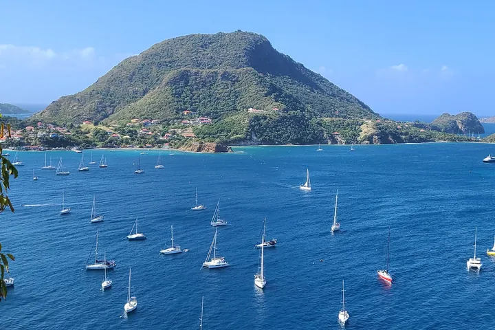 Multiple cruising boats anchored in a Caribbean bay