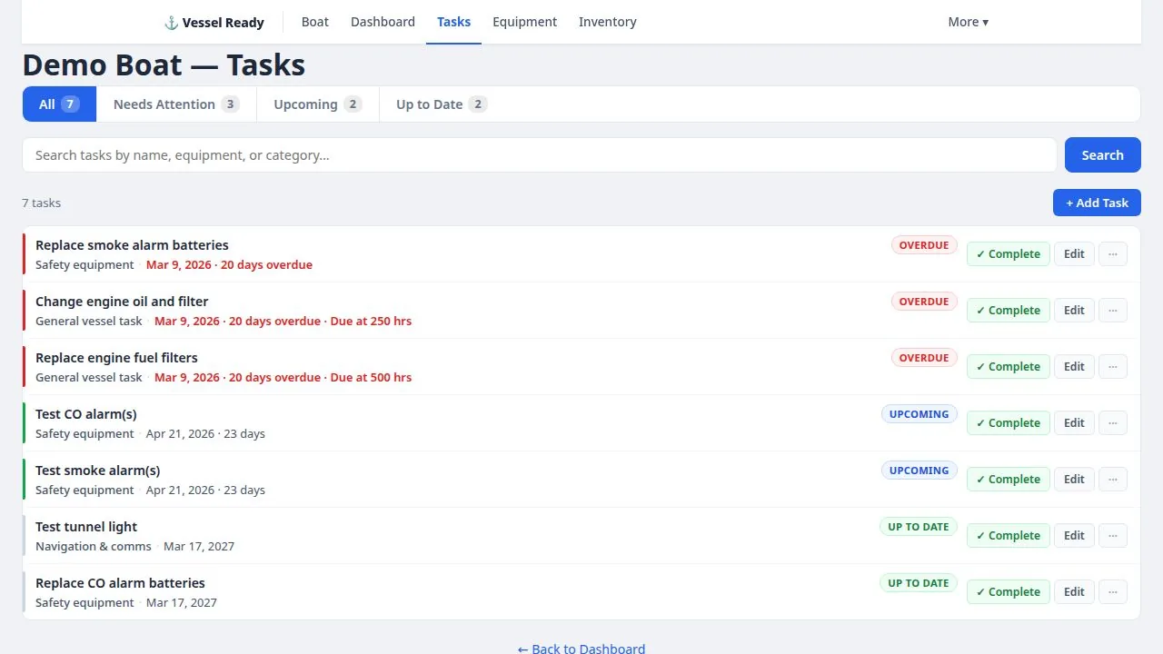 Vessel Ready maintenance task list with overdue and upcoming status