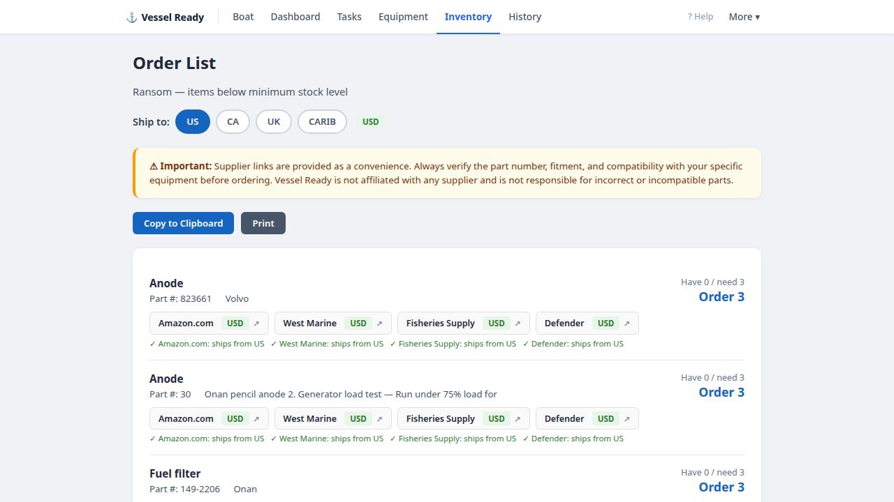 Order list showing parts with cross-references and supplier links