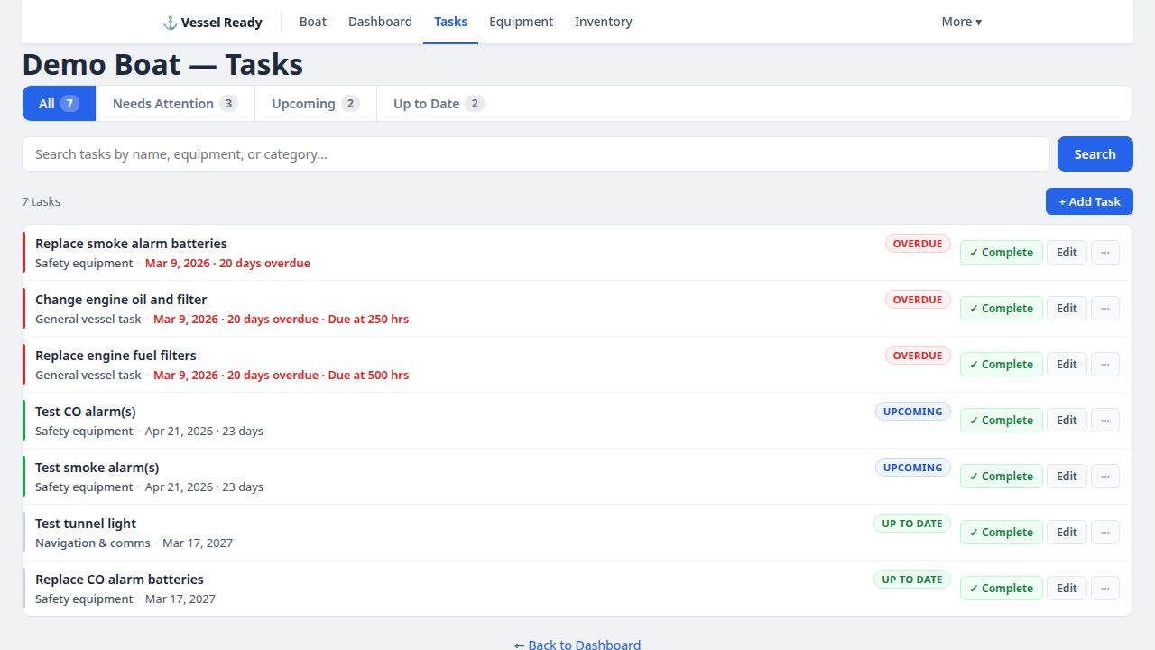 Maintenance task list with filter tabs, OVERDUE and UPCOMING status chips, compact rows, and quick-complete actions